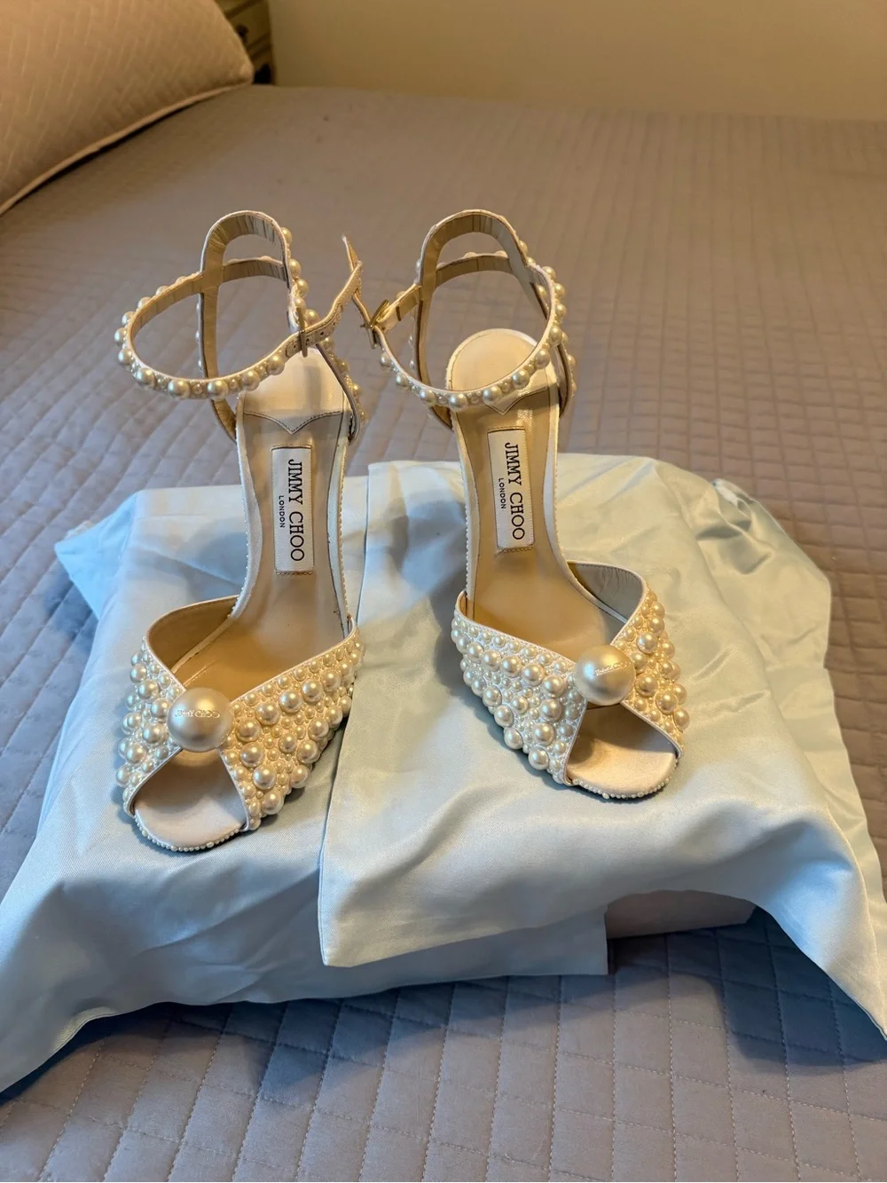 Jimmy Choo Ivory Pearl-Embellished Ankle-Strap Heels
